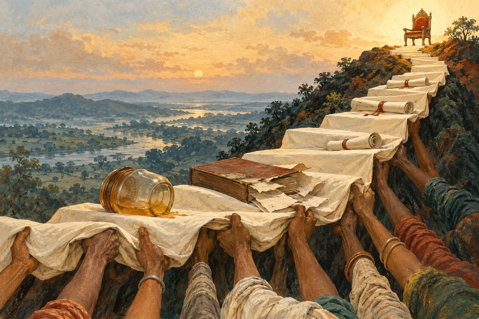 Many ordinary hands support a makeshift staircase of folded ivory cloth toward a tiny empty state chair on a hill.