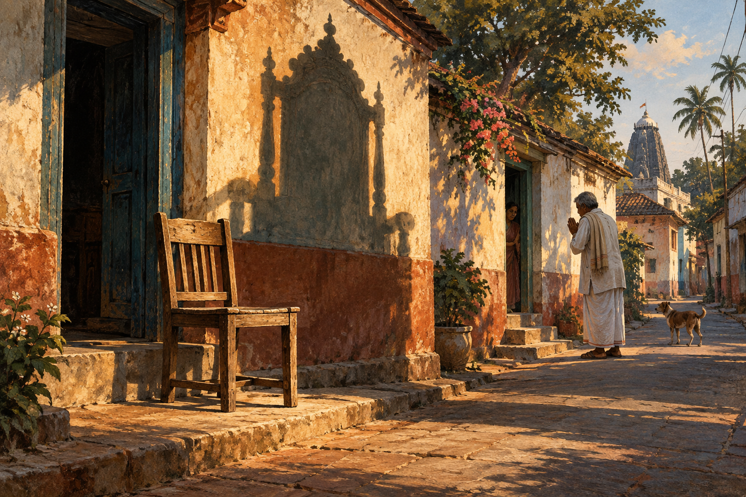 An ordinary wooden chair in a street doorway casts an immense throne-shaped shadow up a wall.