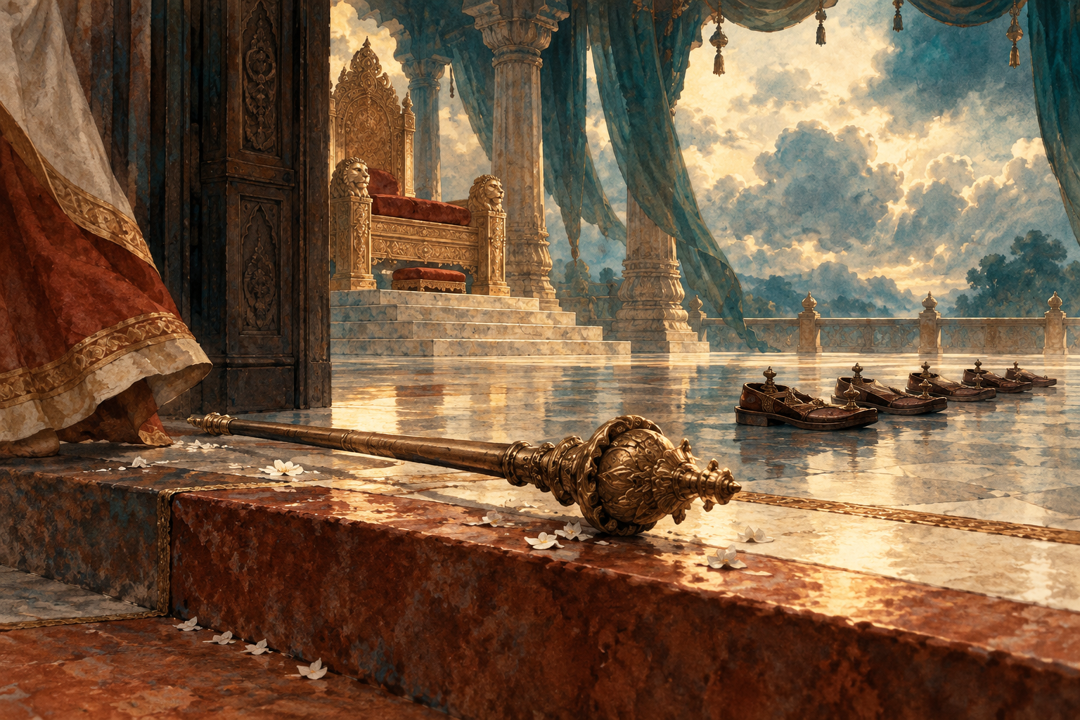 A ceremonial sceptre falls across the threshold of a cloud-lit pavilion while several empty ceremonial sandals wait in a line beyond it.