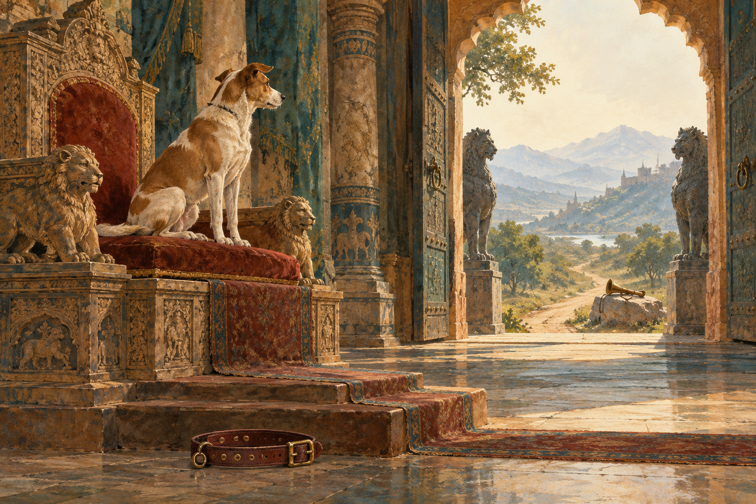 A clever-looking ordinary dog sits alert on the raised cushion of an empty throne, looking toward the open palace gate.