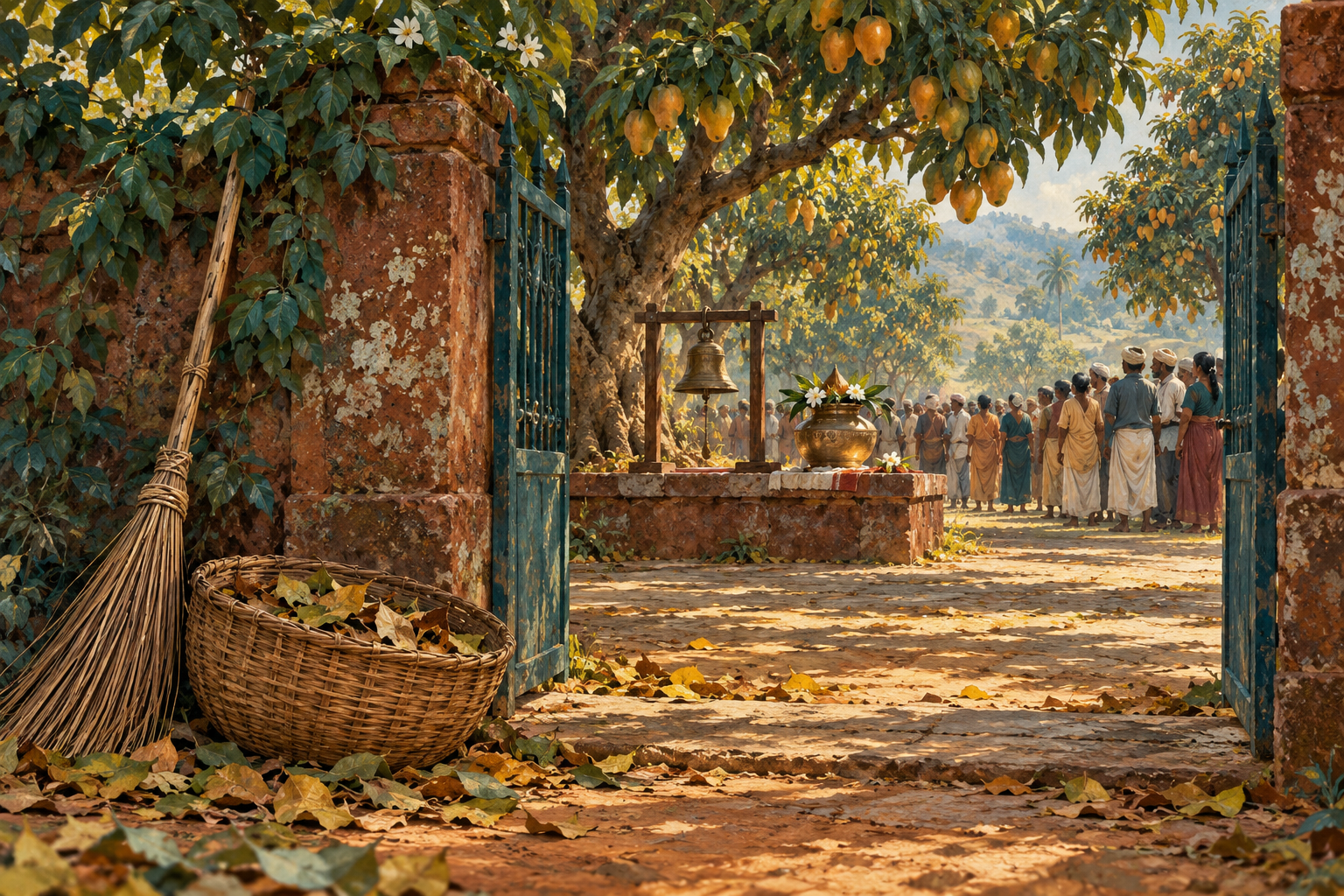 A weathered gardener's broom and basket of gathered leaves rest beside an orchard gate.
