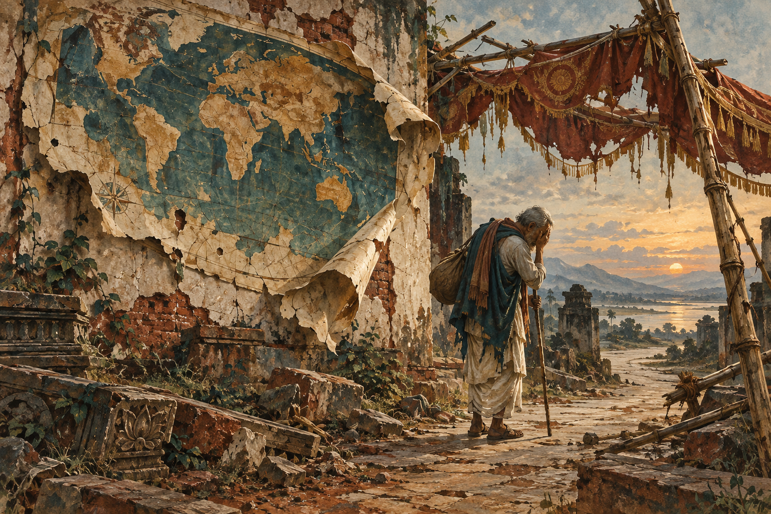 A once-grand unlettered world map curls off a cracked wall.