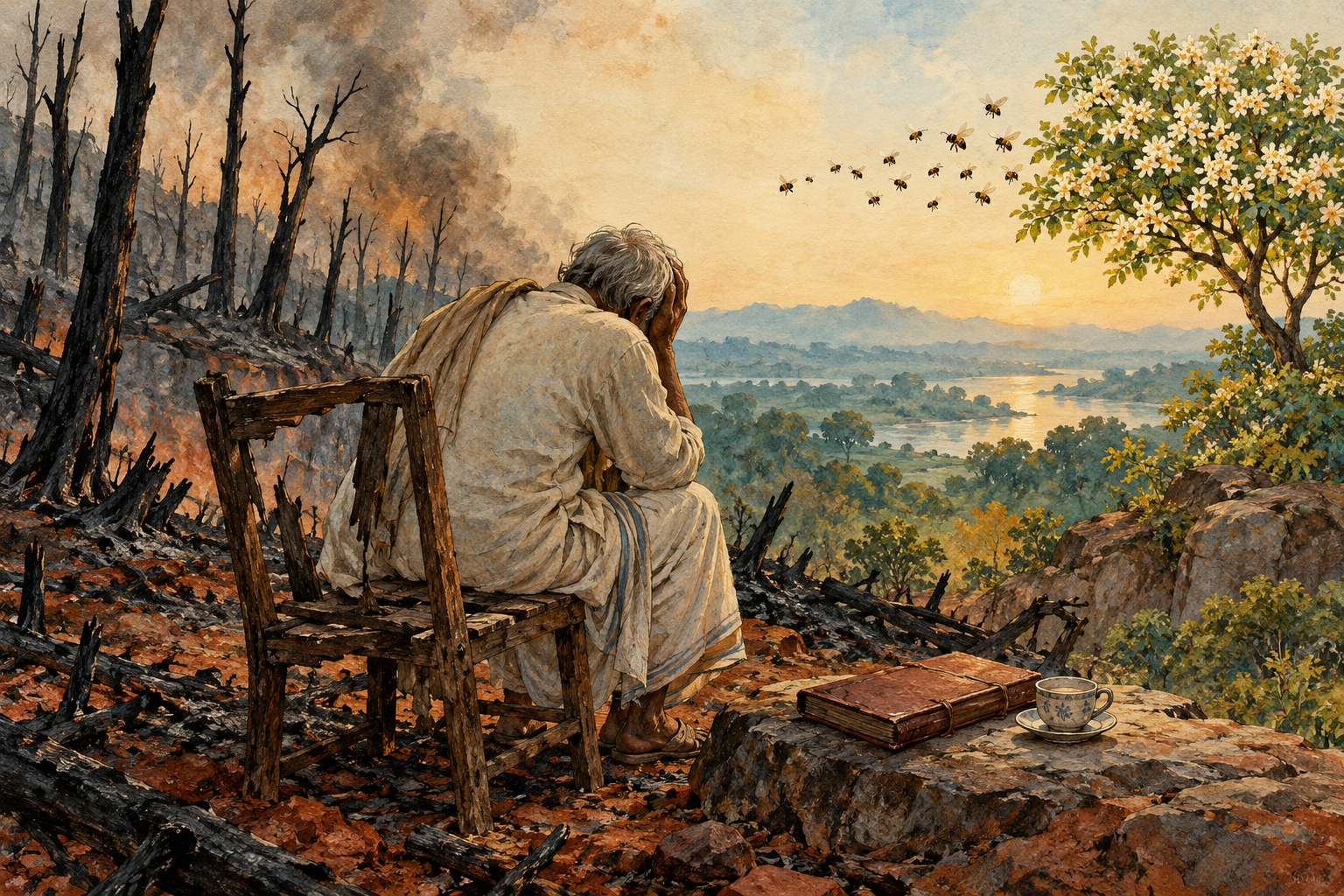 An older man sits with head in hands on a broken wooden chair at the edge of a burnt, silent grove.
