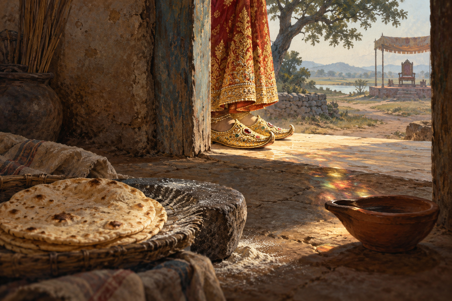 Bright jewelled slippers stop at a poor household's threshold, their reflected light falling across an unlit clay lamp.