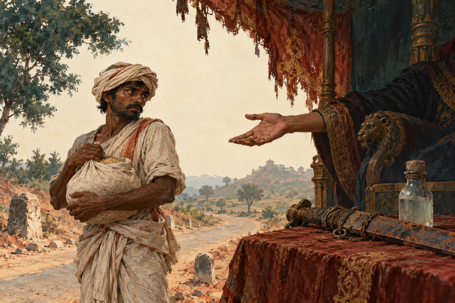 A plain cloth pouch of grain is held by a working adult at a dusty roadside.