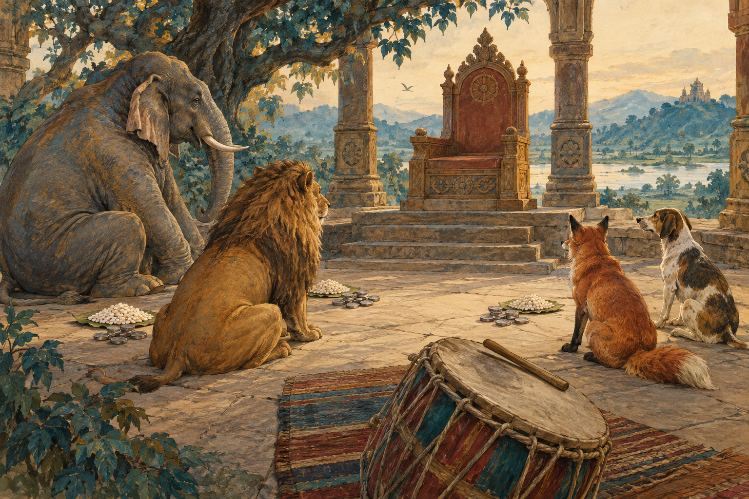 An allegorical animal court: a calm elephant, lion, fox and dog sit in a semicircle facing an empty raised chair.