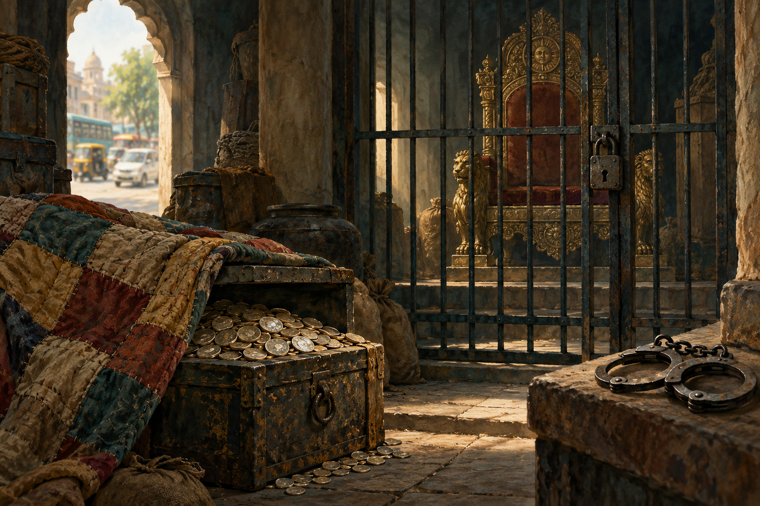An ornate empty state chair stands behind a locked iron grille in a dim storehouse.