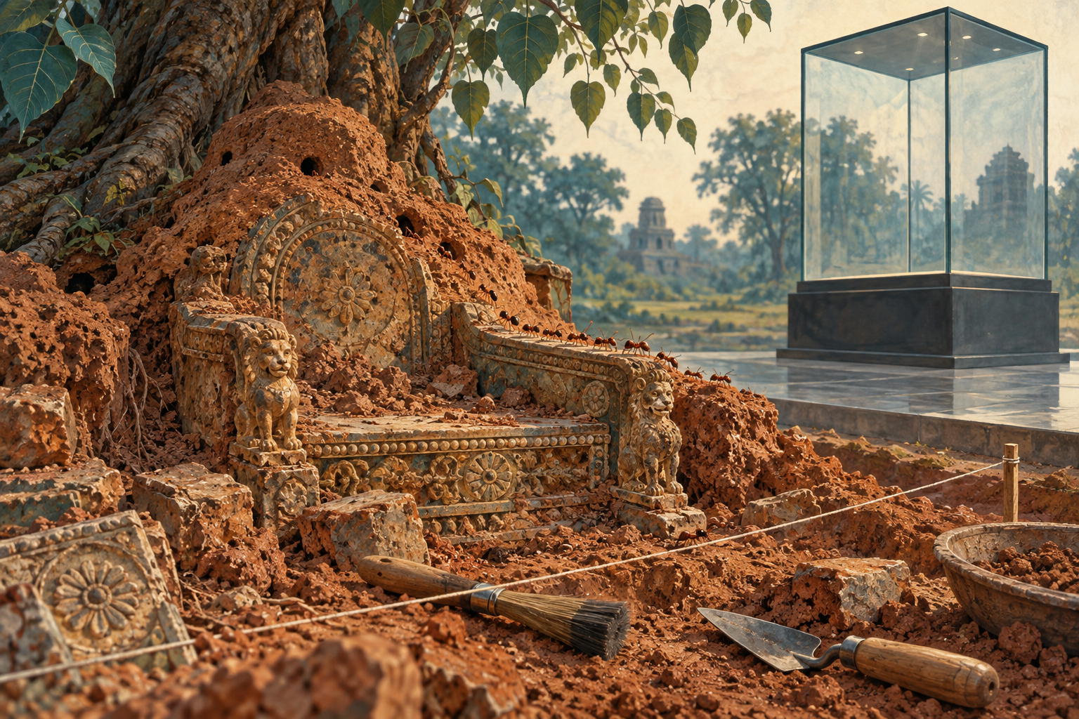 Archaeologists' brushes and measuring cord reveal a small ruined throne beneath an old anthill.