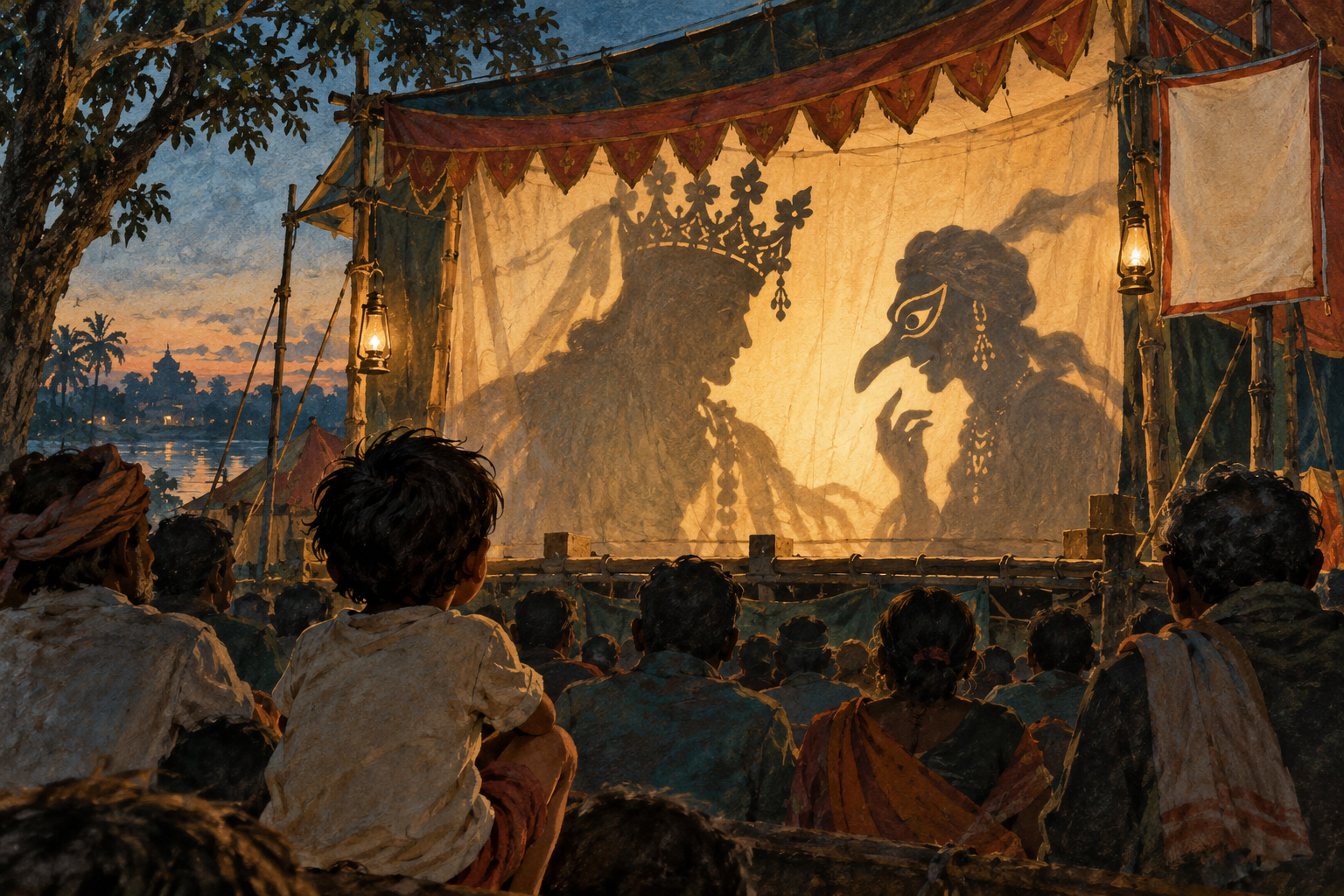 A child watches a traditional travelling theatre stage from the back of the audience.