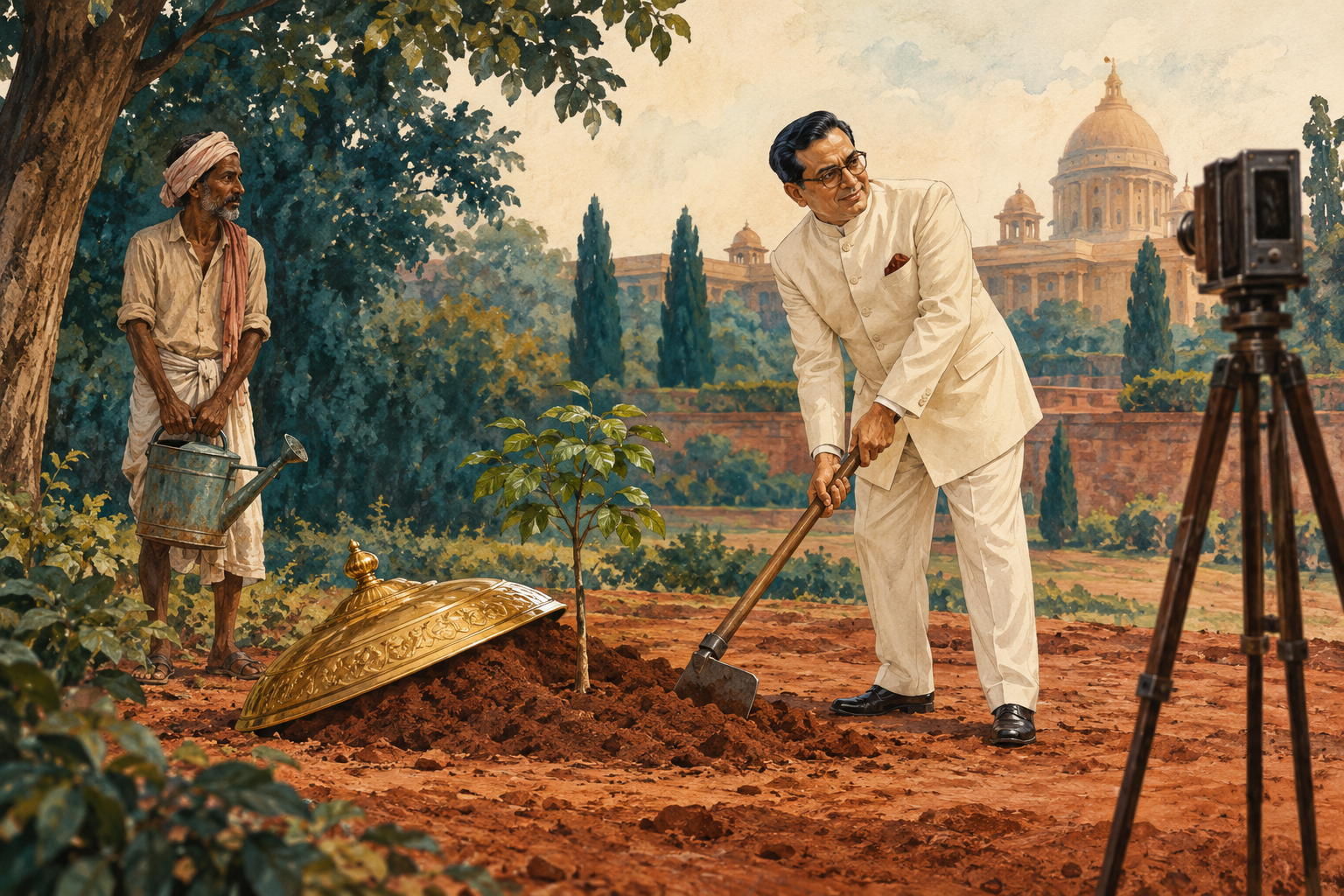 An formally dressed man carefully poses with a hoe beside a tiny sapling for an old camera on a tripod.