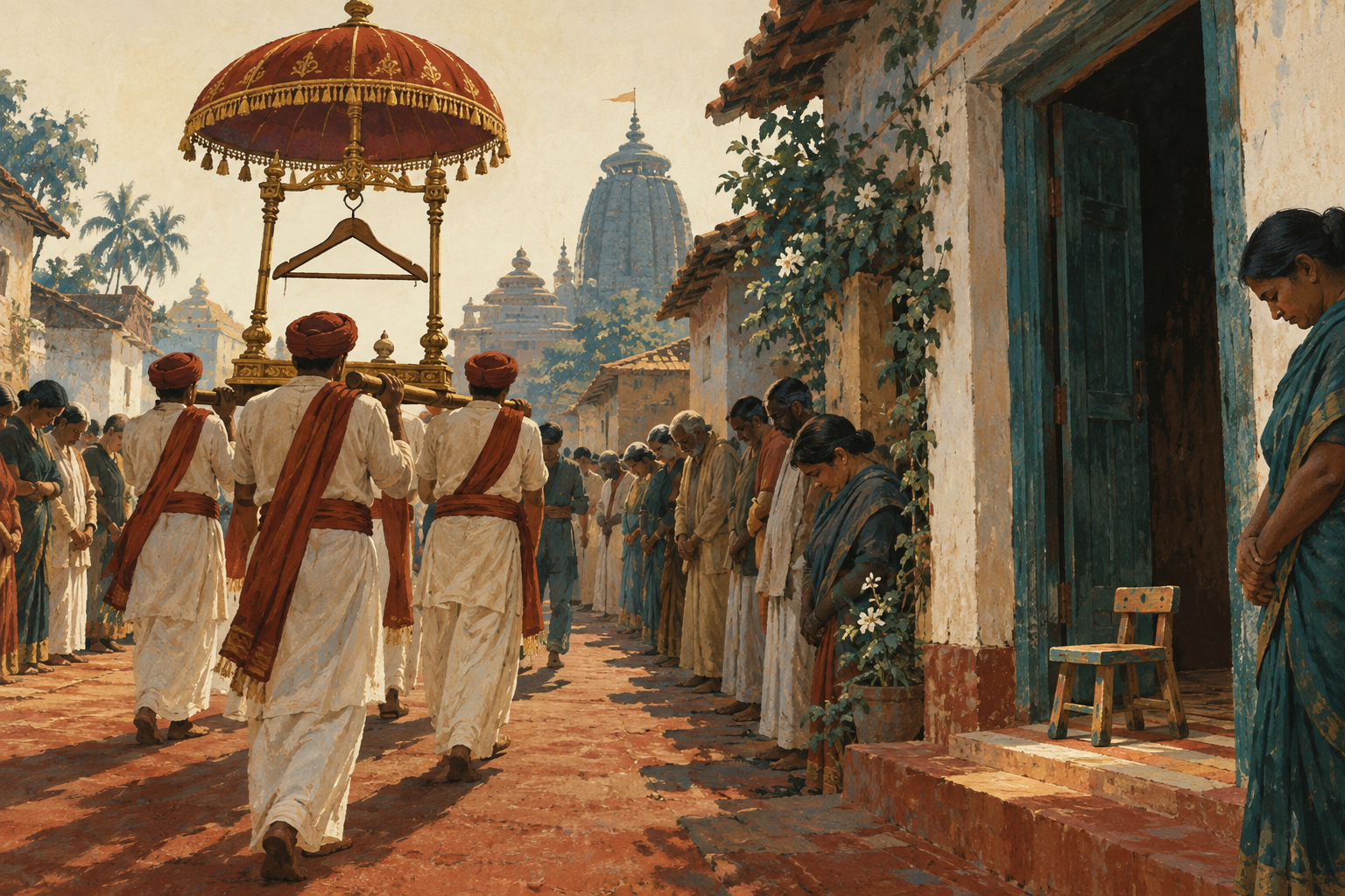 A ceremonial empty clothes-hanger is carried high beneath a royal umbrella through a street of adults looking downward.