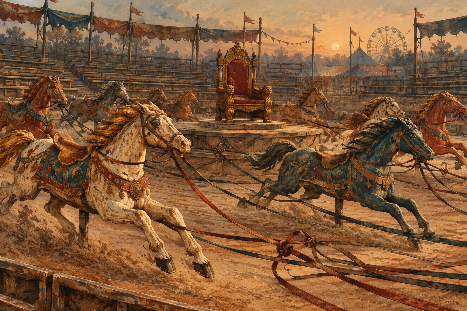 Several riderless wooden carousel horses race in a circle around a single empty throne on a dusty fairground.